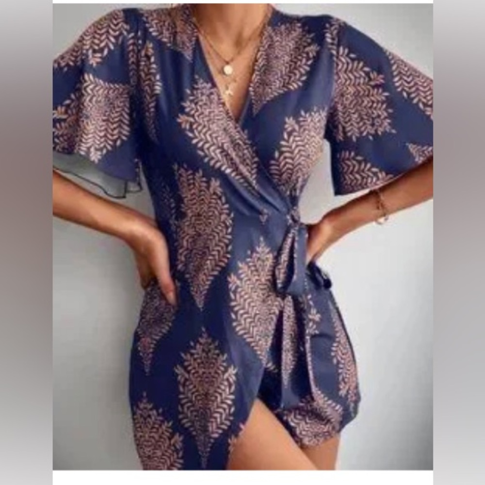 Blue Tropical Print Butterfly Sleeved Mini Romper